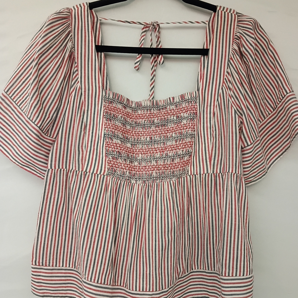 Old Navy Red and White Striped Square-Neck Peplum Blouse